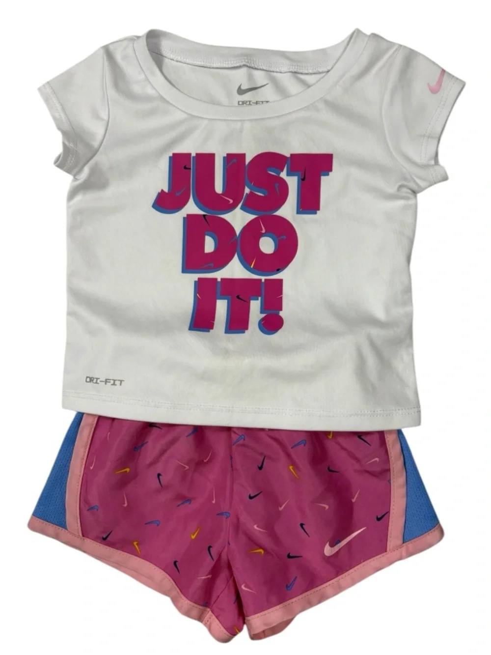 Nike Just Do It White Dri-Fit Tee with Pink & Blue Graphic Multi-Swoosh Shorts - Picture 2 of 12